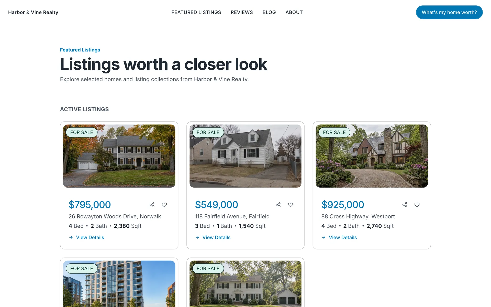 The listings page: a grid of house photographs, each card carrying the address, the asking price and the bedroom, bathroom and square-foot counts.