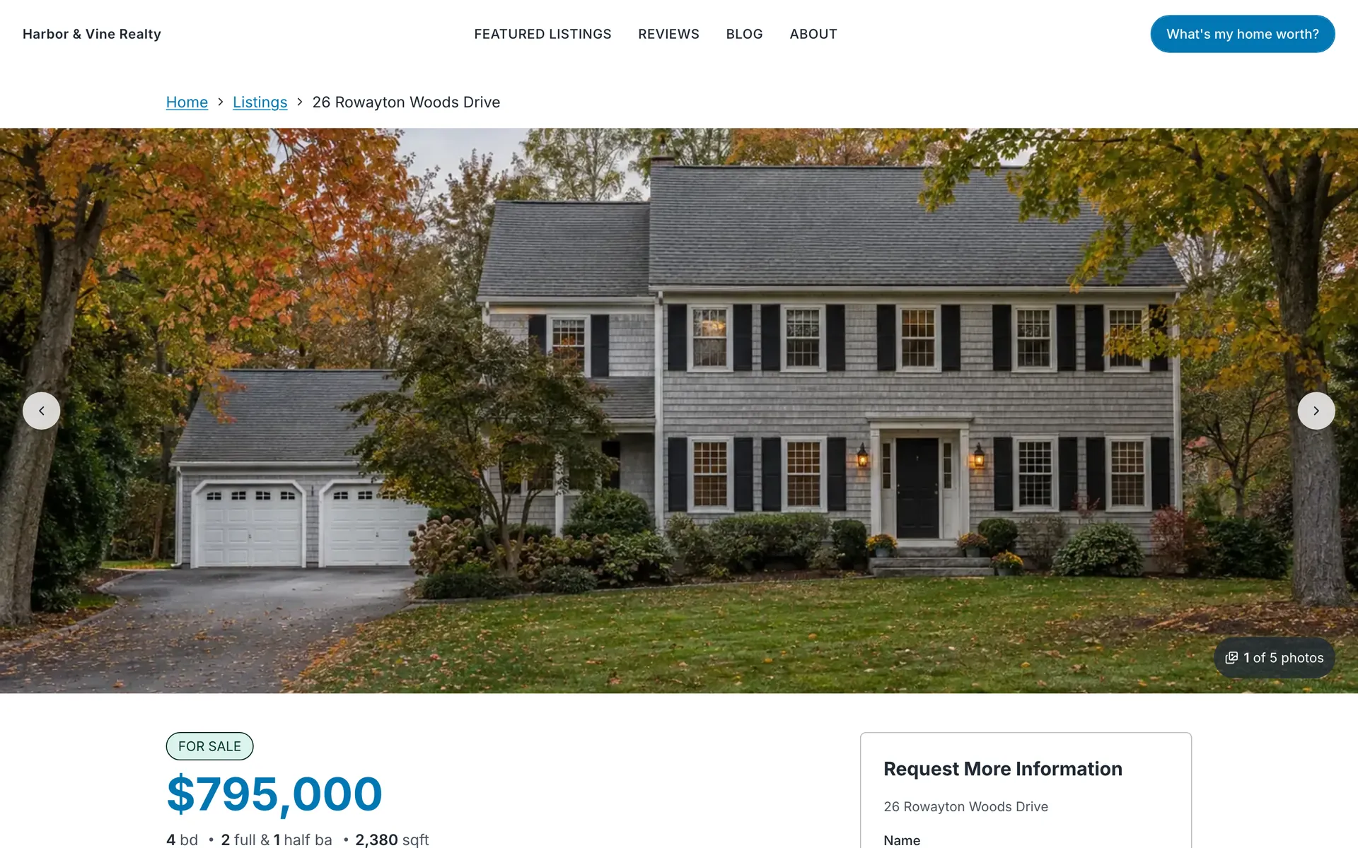 One listing page for 26 Rowayton Woods Drive: the large photograph, the price and address beside it, and the detail panel underneath.