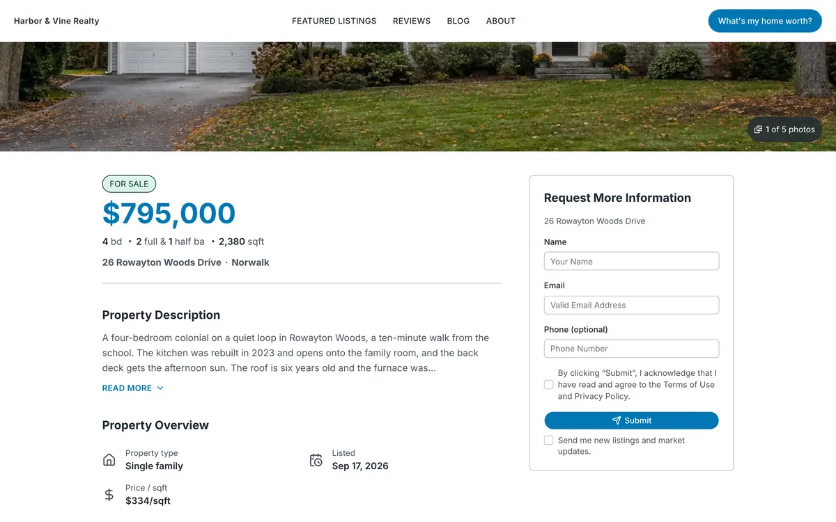 The enquiry card on that listing page: a heading, the address, and name, email and phone fields above a send button.